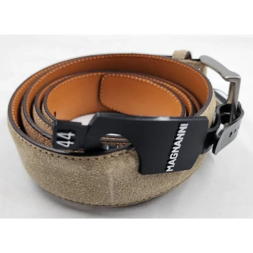 Magnanni Telante Suede & Leather Belt Men's 44 Taupe Nickel-Tone Square Buckle